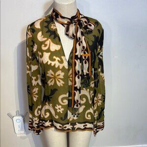 Brown and Tan Long Sleeve Kitty Bow Tie Front Blouse NWT size S